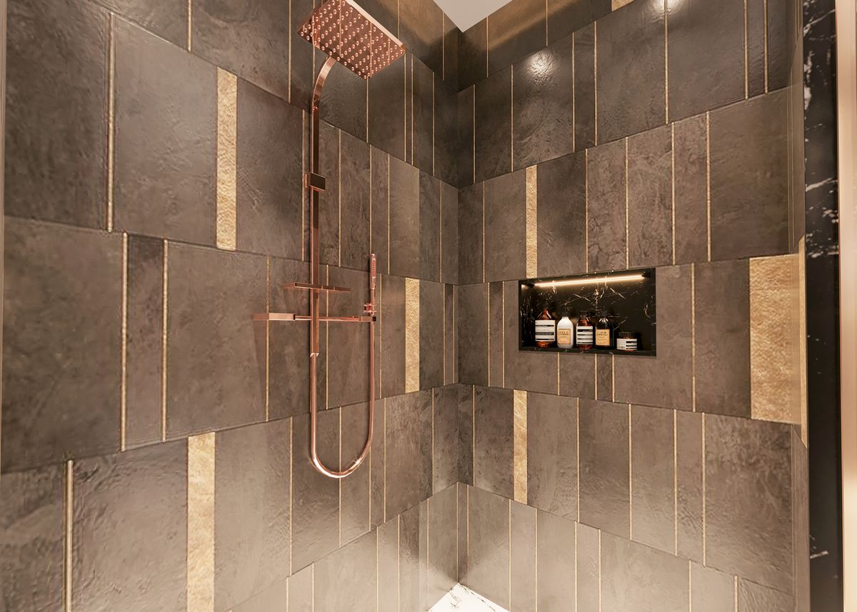 Dunkles Designbad mit Regendusche und Armaturen in Kupfer
